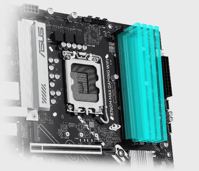 The B760M MAX GAMING WIFI comes along with ASUS Enhanced Memory Profile II (AEMP II) to train your memory kit and optimize clock speed to unleash DDR5 performance. Bar chart intro AEMP II profiles that offer up to 37.5% faster RAM speeds than baseline DDR5 specs.