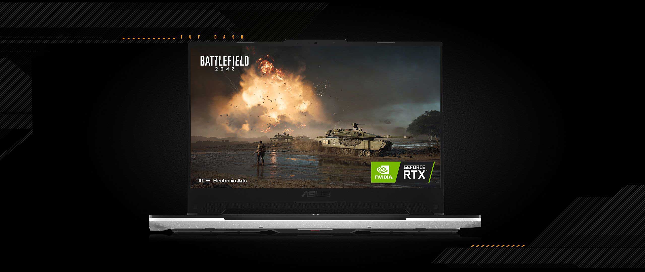 The image shows that The Battlefield 2042 is demoed staticly on the screen of ASUS TUF DASH F15 on performance section