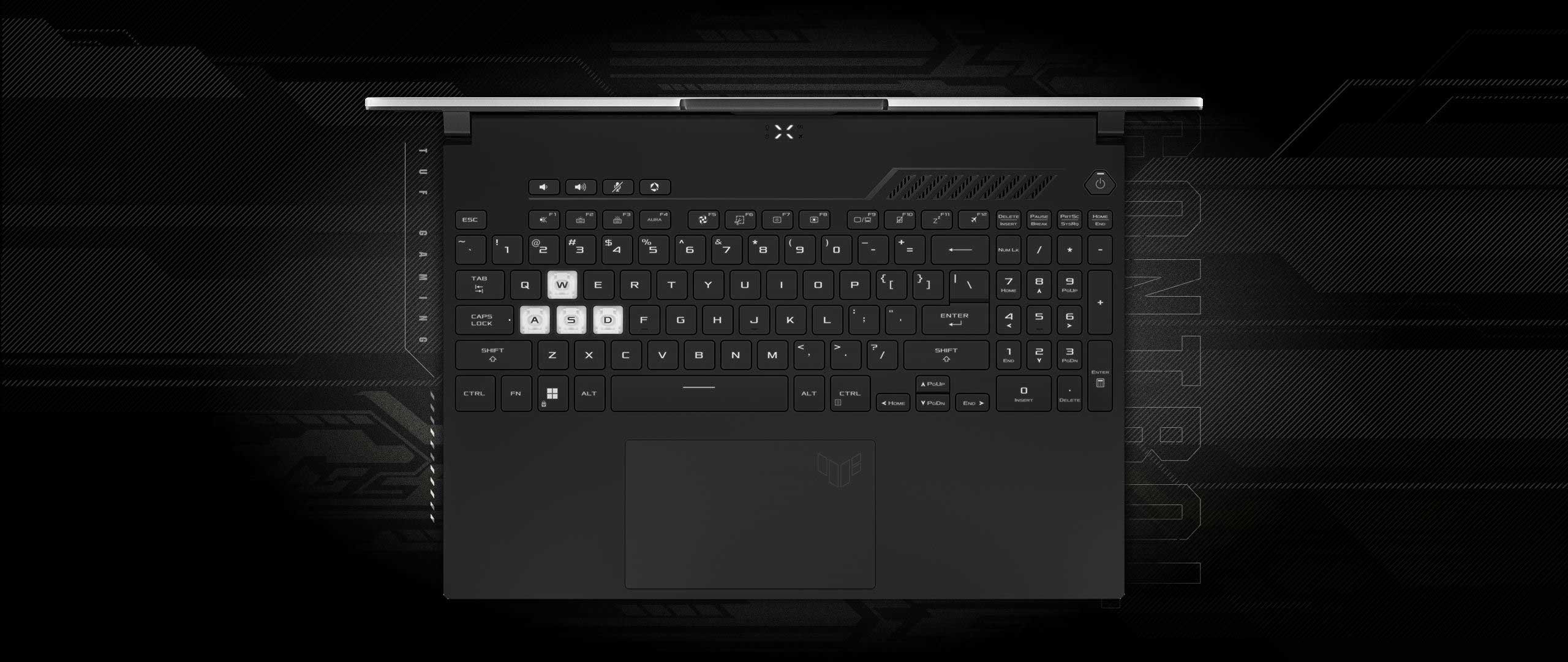 A imagem mostra o teclado e o touchpad do ASUS TUF DASH F15 na secção de controlo.