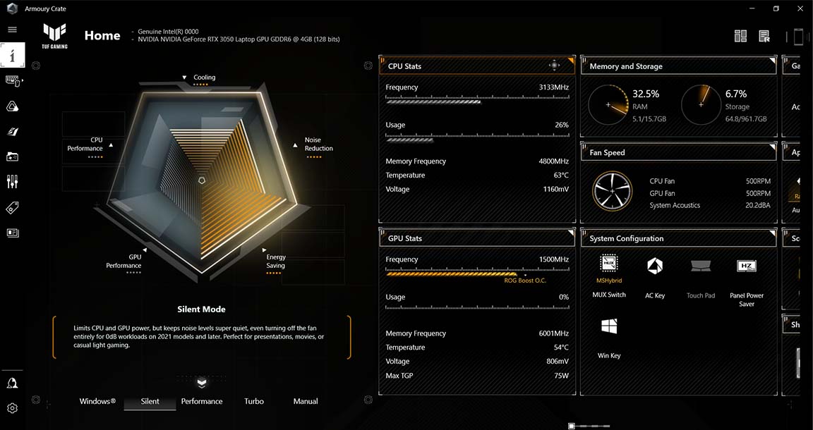 A imagem da interface do software Armoury Crate que mostra o modo silencioso