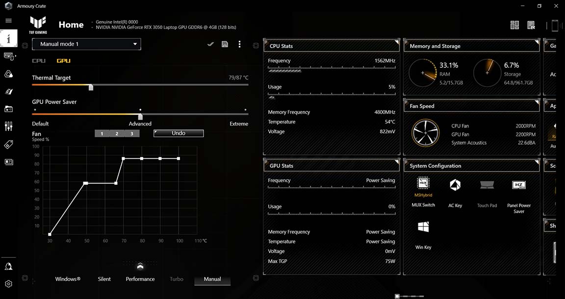 A imagem da interface do software Armoury Crate que mostra a velocidade da ventoinha e temperatura