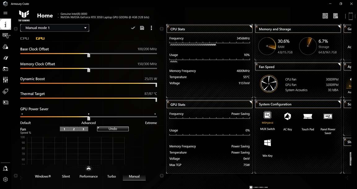 The image of Armoury Crate software's interface which shows overclocking parameters