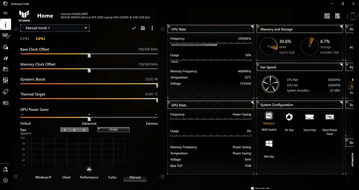 A imagem da interface do software Armoury Crate que mostra os parâmetros de overclocking