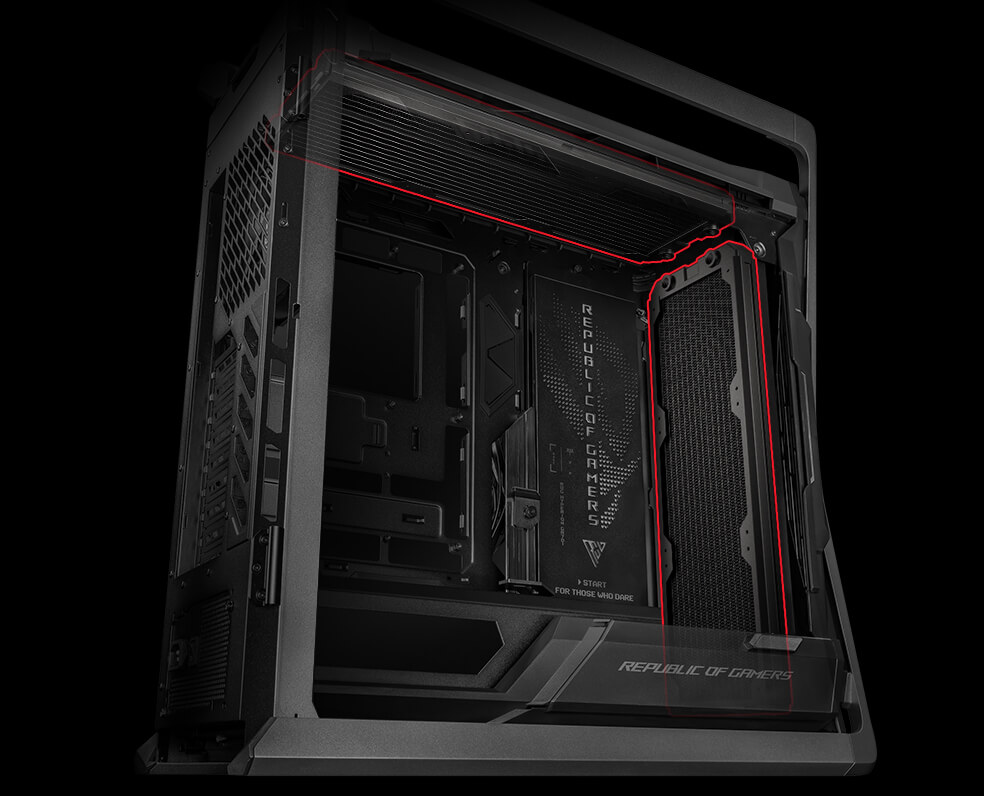 side angle of ROG Hyperion GR701 BTF Edition with two 420 mm radiators highlighted