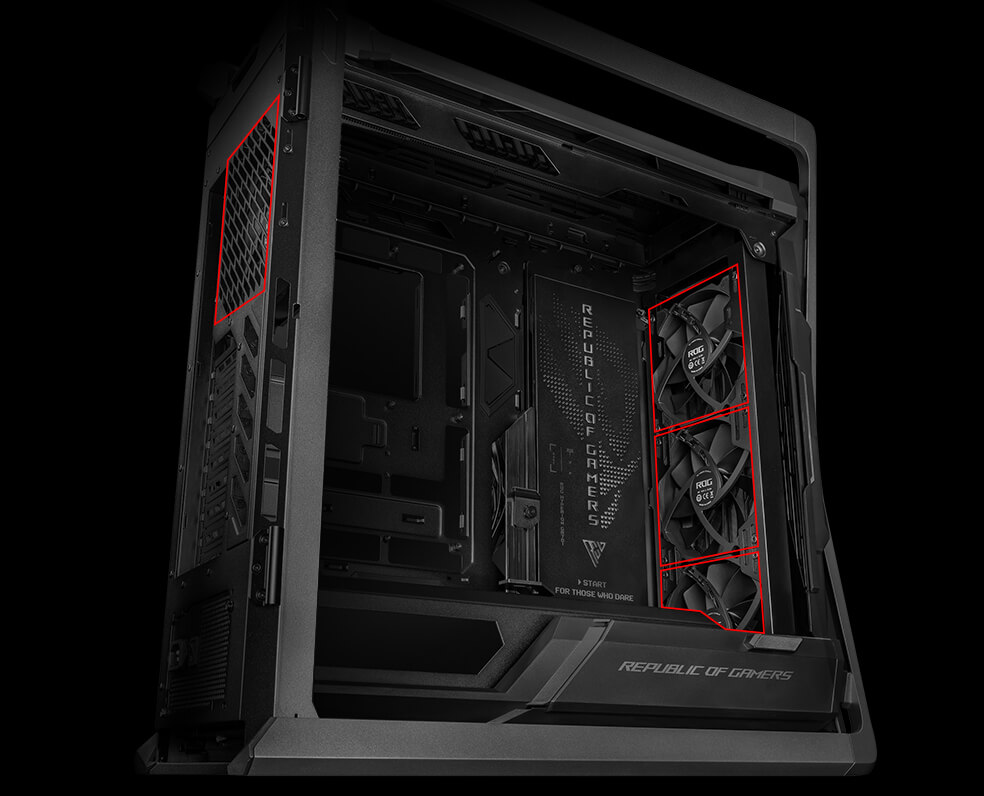 side angle of ROG Hyperion GR701 BTF Edition with four 140 mm PWM system fans highlighted