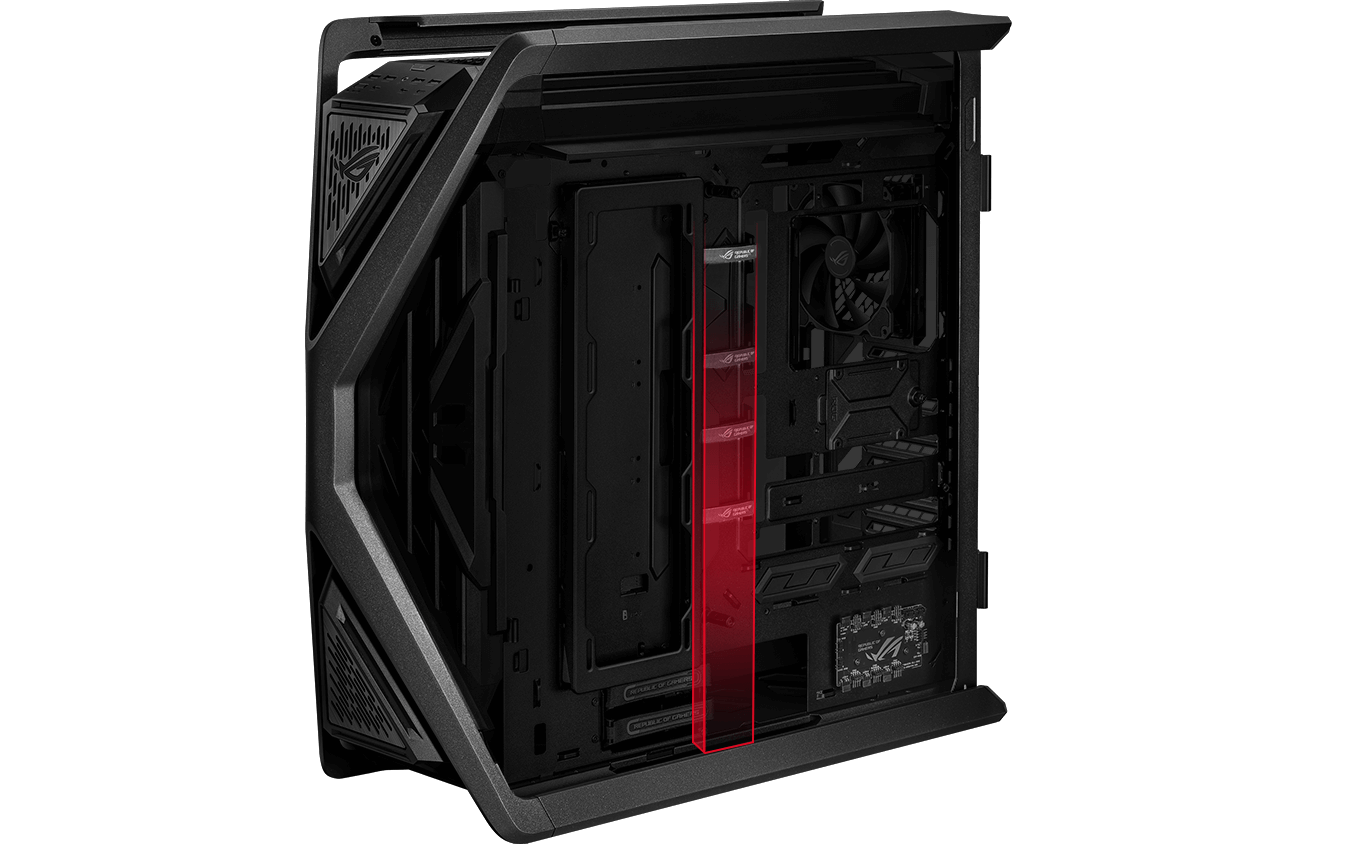 rear side of ROG Hyperion GR701 BTF Edition with cable management space highlighted