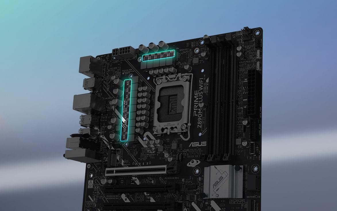 Angled top-down view of PRIME Z890M-PLUS WIFI-CSM motherboard.