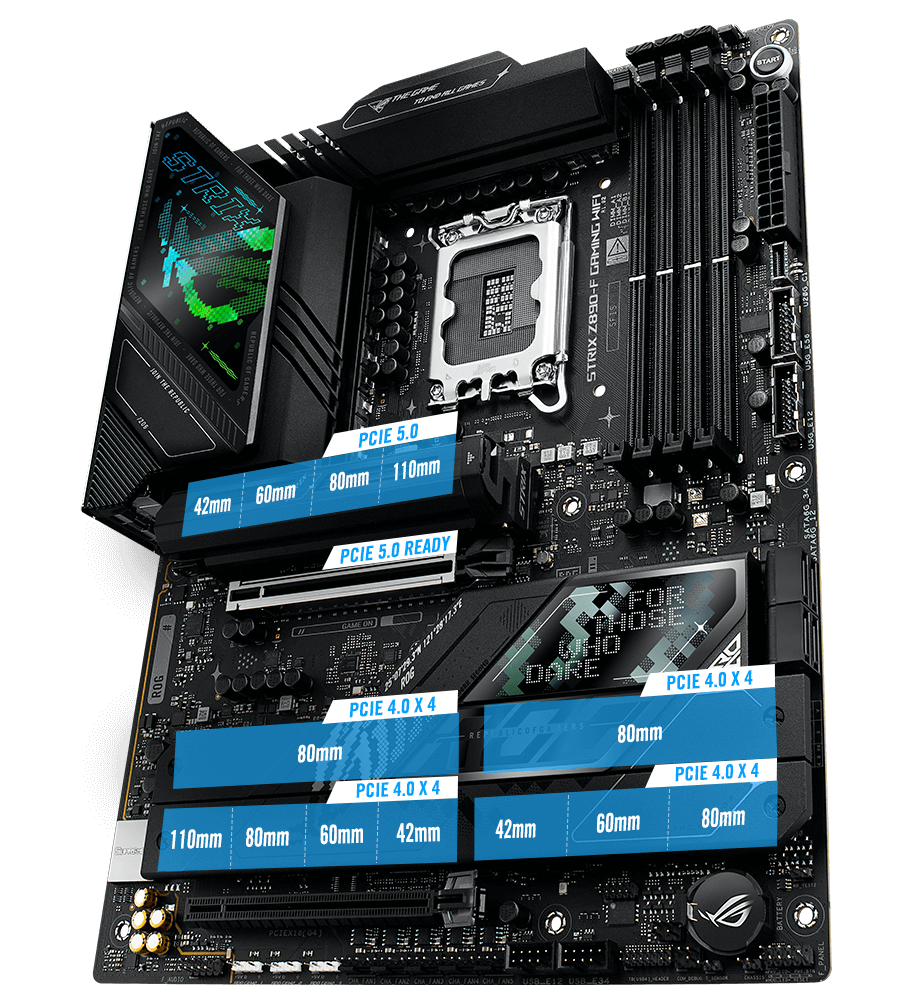 The Strix Z890-F PCIe 5.0 M.2 and expansion slot layout