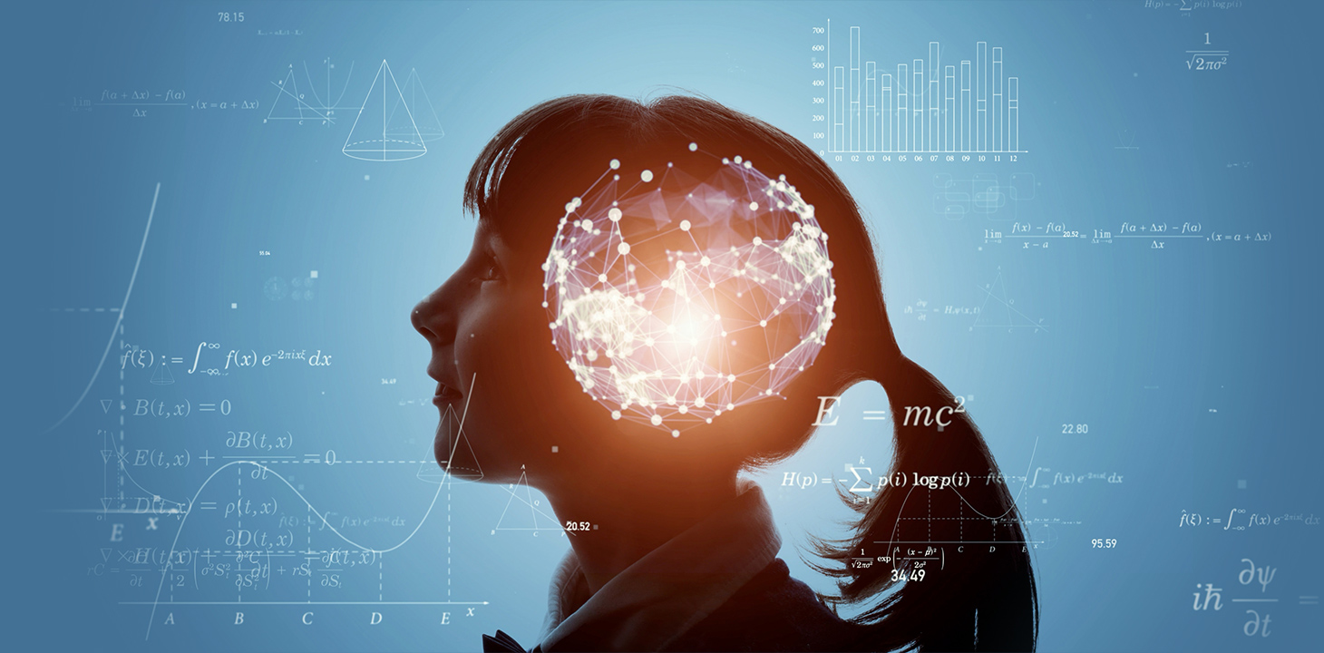 A girl facing the left with her head tilted and a technology concept globe glowing on her head. 