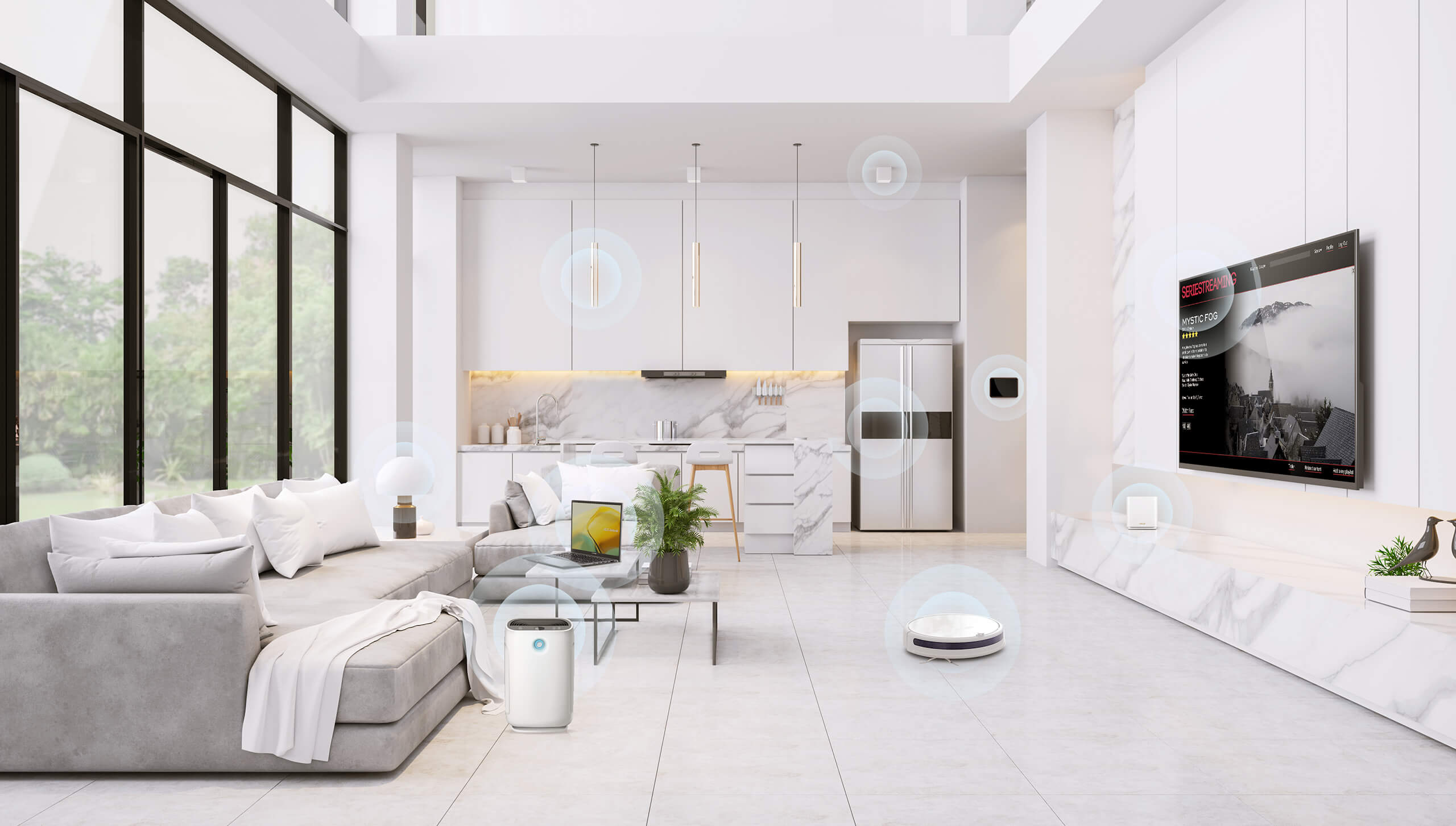 ein Haus als Hintergrund mit vielen Smart Home-Geräten