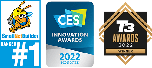 ocenění pro malé stavitele sítí č. 1, 2022 CES Innovation Awards a logo vítěze testu magazínu T3