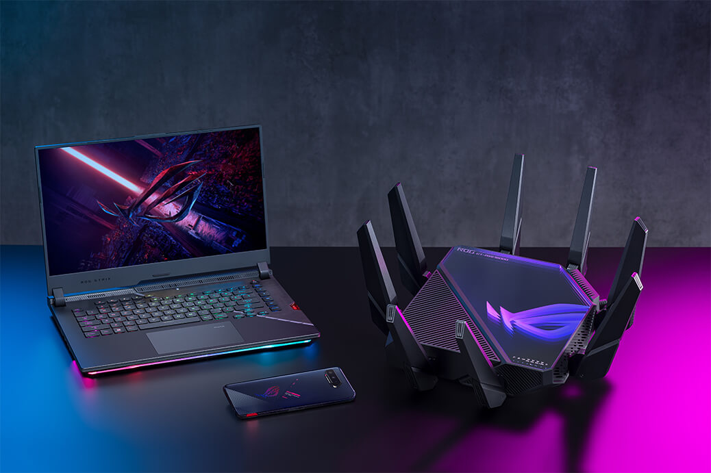 Een scenariofoto van een WiFi 6E quad-band gaming-router met WiFi 6E laptop