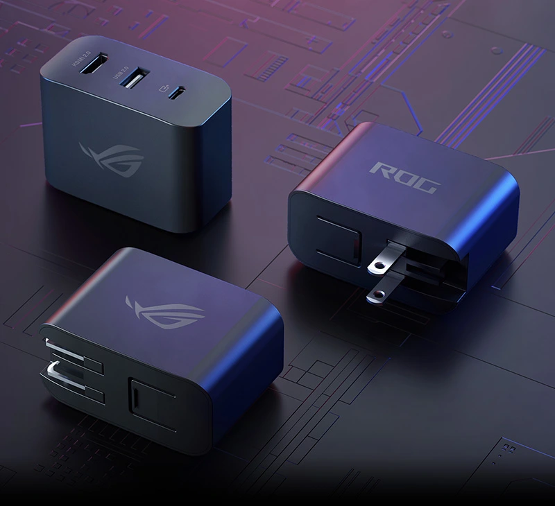 Three ROG Gaming Charger Docks, one with the ports visible, and the other two with the lettering “ROG” and the ROG logo visible, respectively.