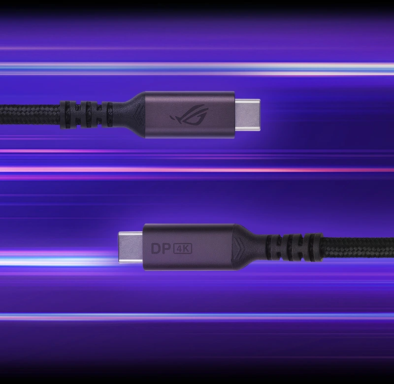 Twee USB-C kabels, verlengd van buiten het scherm en samenkomend in het midden van het frame