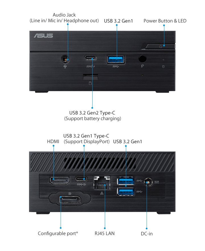 ASUSPRO PN61T-Business mini PC- hdmi- USB 3.2- seriële poort en ASUSPRO PN61T-Business mini PC-ODD-Draadloze antenne