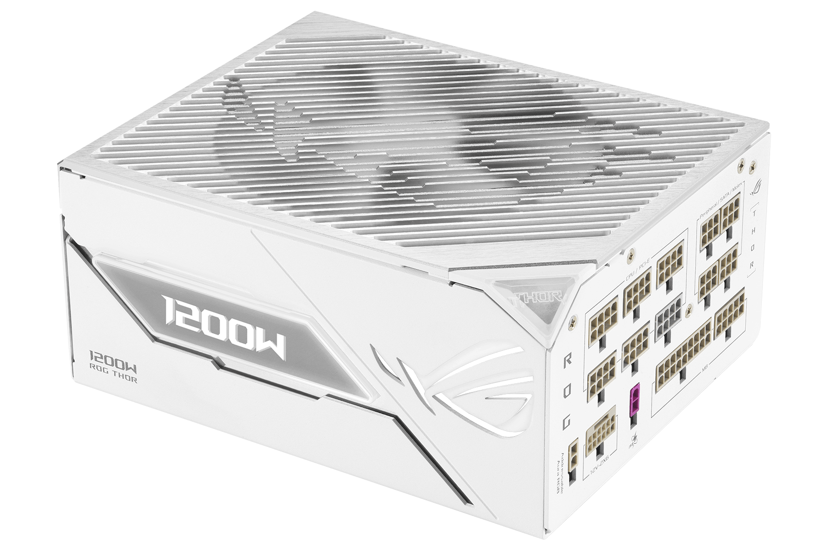 Angolo laterale del ROG Thor 1200W Platinum III, con illuminazione RGB.