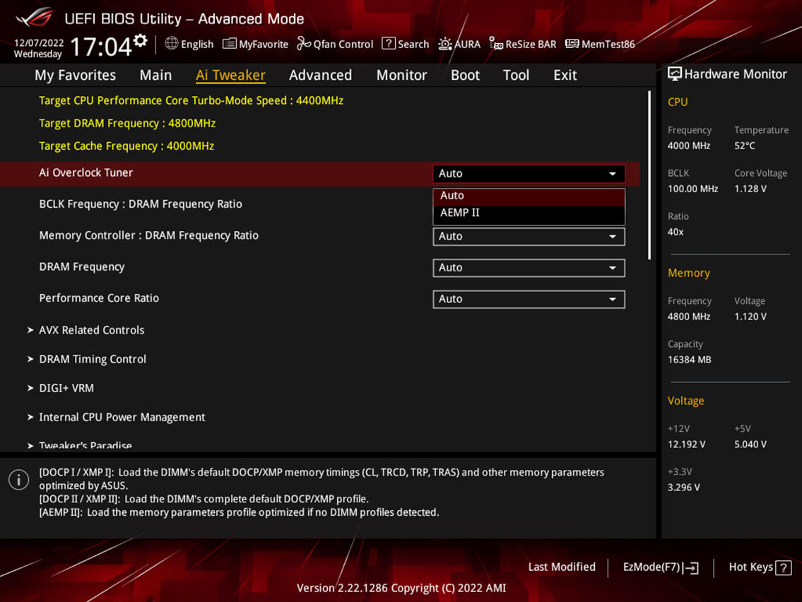 AEMP II settings are shown for a kit reaching up to DDR5-7800