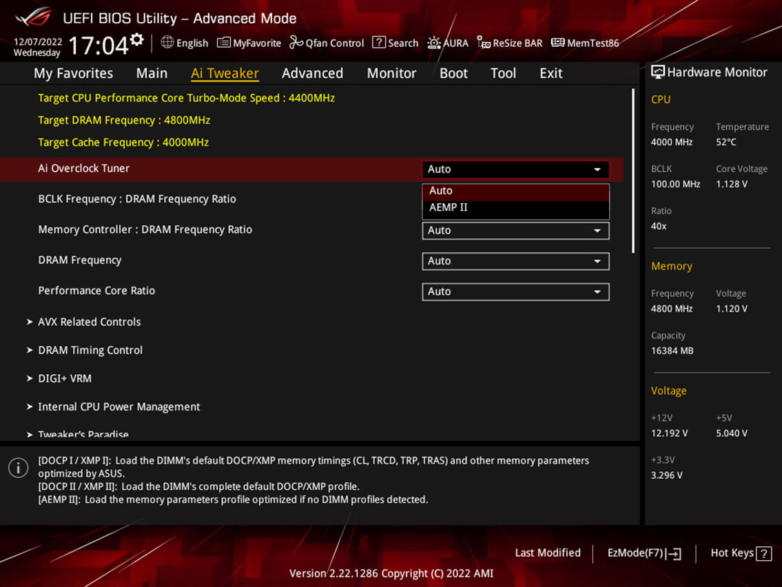 Se muestra la configuración de AEMP II para un kit que alcanza hasta DDR5-7800.