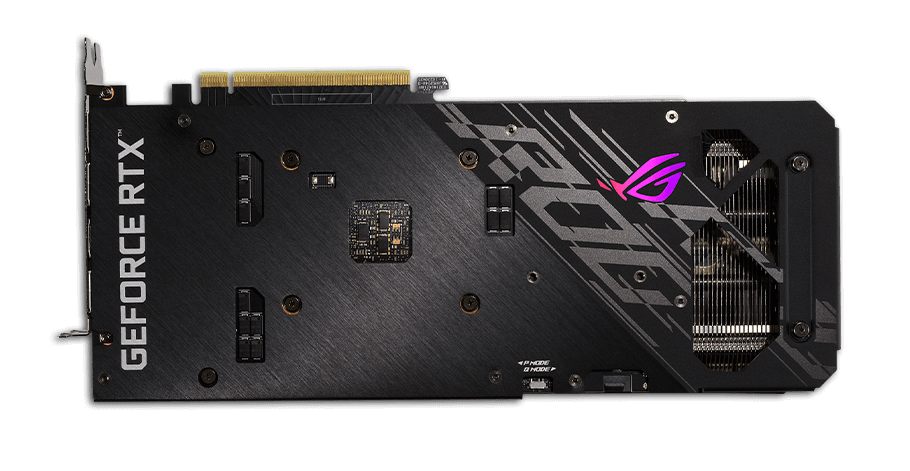 ROG STRIX RTX 3050 OC EDITION top view showing vented backplate and shortened circuit board