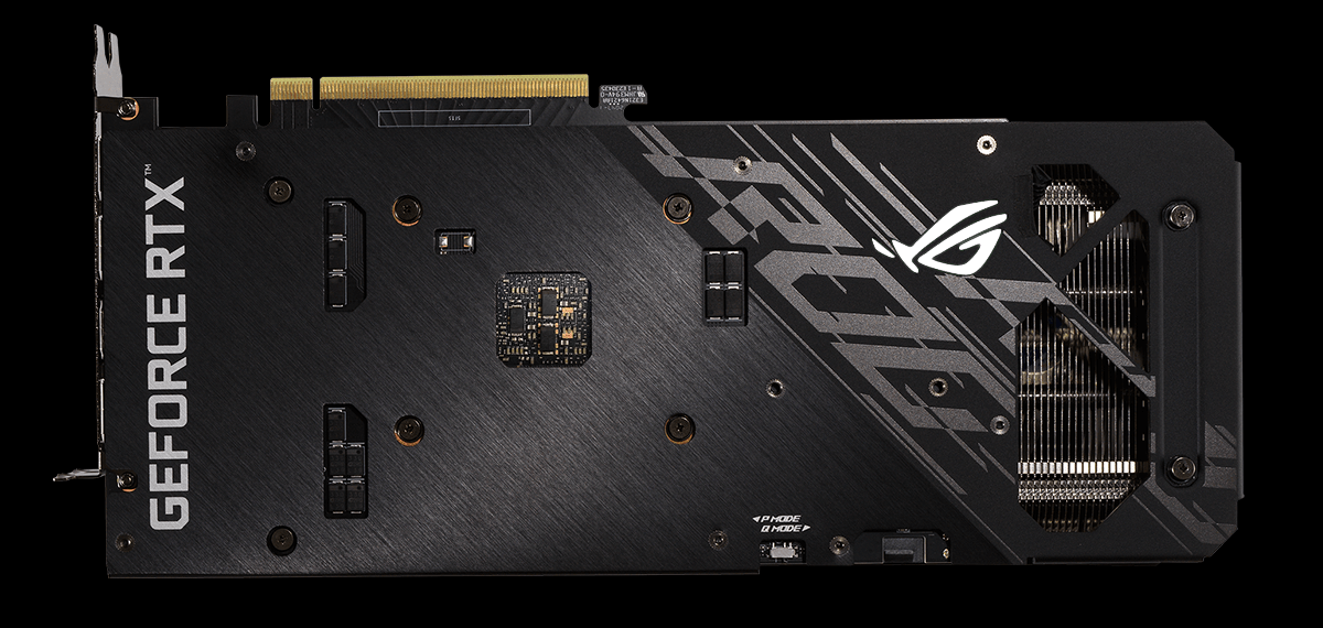 ROG STRIX RTX 3050 OC EDITION top view showing vented backplate and shortened circuit board