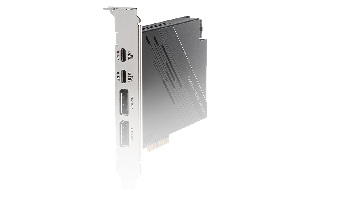 USB4 PCIe Gen4 卡支援菊花鏈連接最多三個裝置和兩個 USB4® 顯示器。