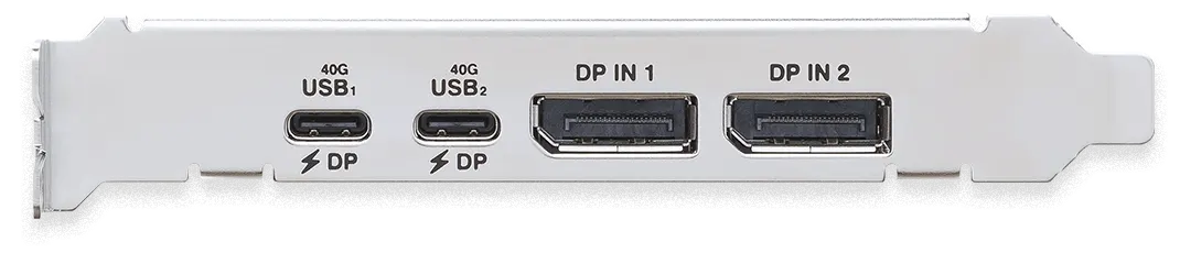 The USB4 PCIe Gen4 Card presents I/O ports from left to right — 2 USB4® Type-C ports, 2DisplayPort™ ports.