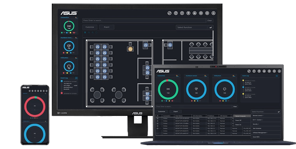 A display, laptop and mobile to show the remote control of ASUS Control Center Express
