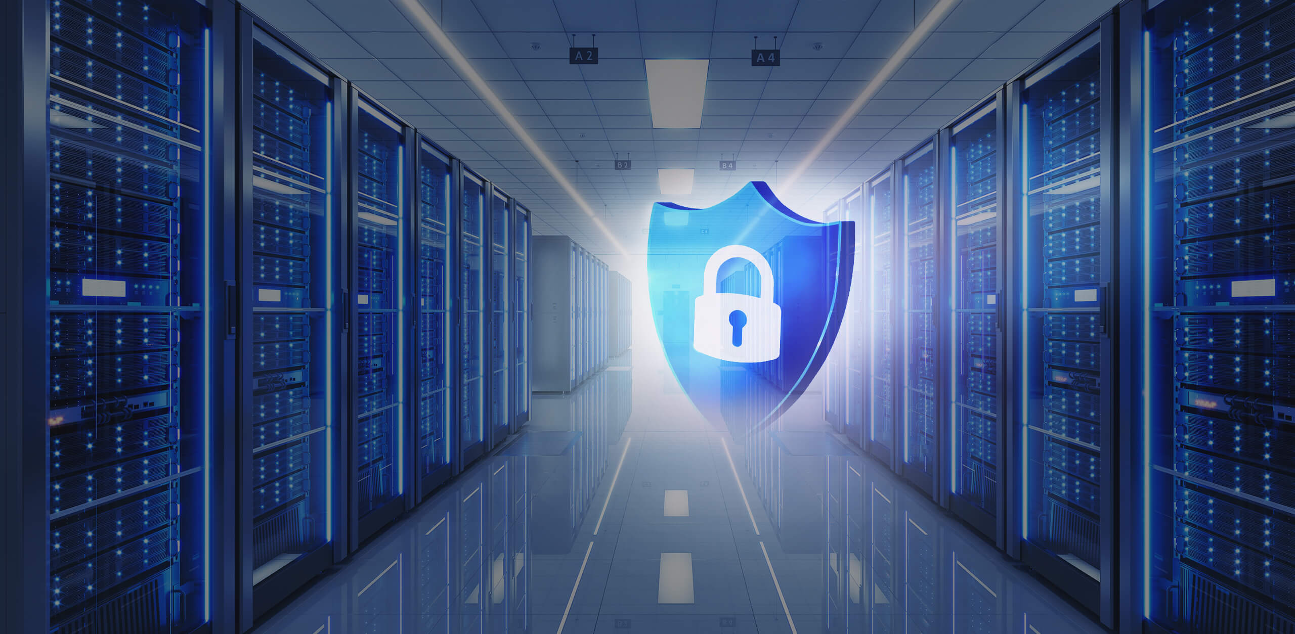 A huge lock in the middle of server center to show the security protection