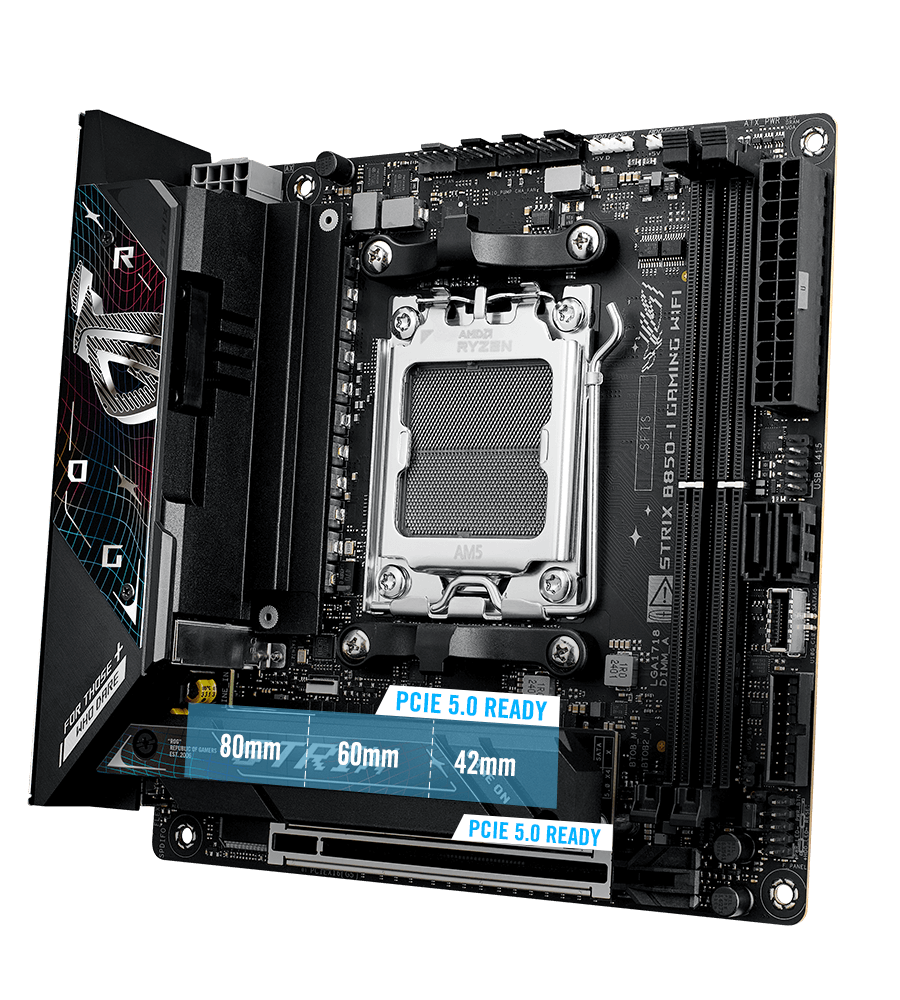 The Strix B850-I PCIe 5.0 M.2 and expansion slot layout