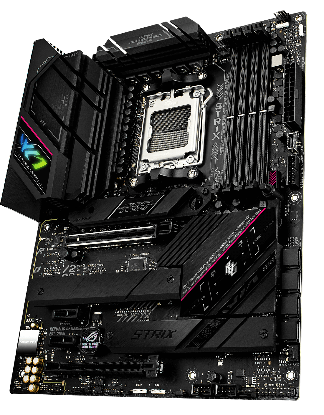 A ROG Strix B650E-F PCIe 5.0 M.2 és a bővítőhelyek elrendezése.