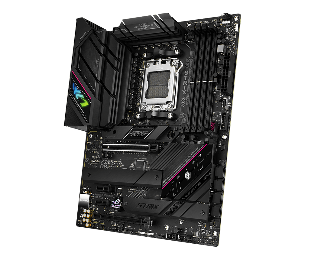 The ROG Strix B650E-F front and back designs offer a clean, modern aesthetic