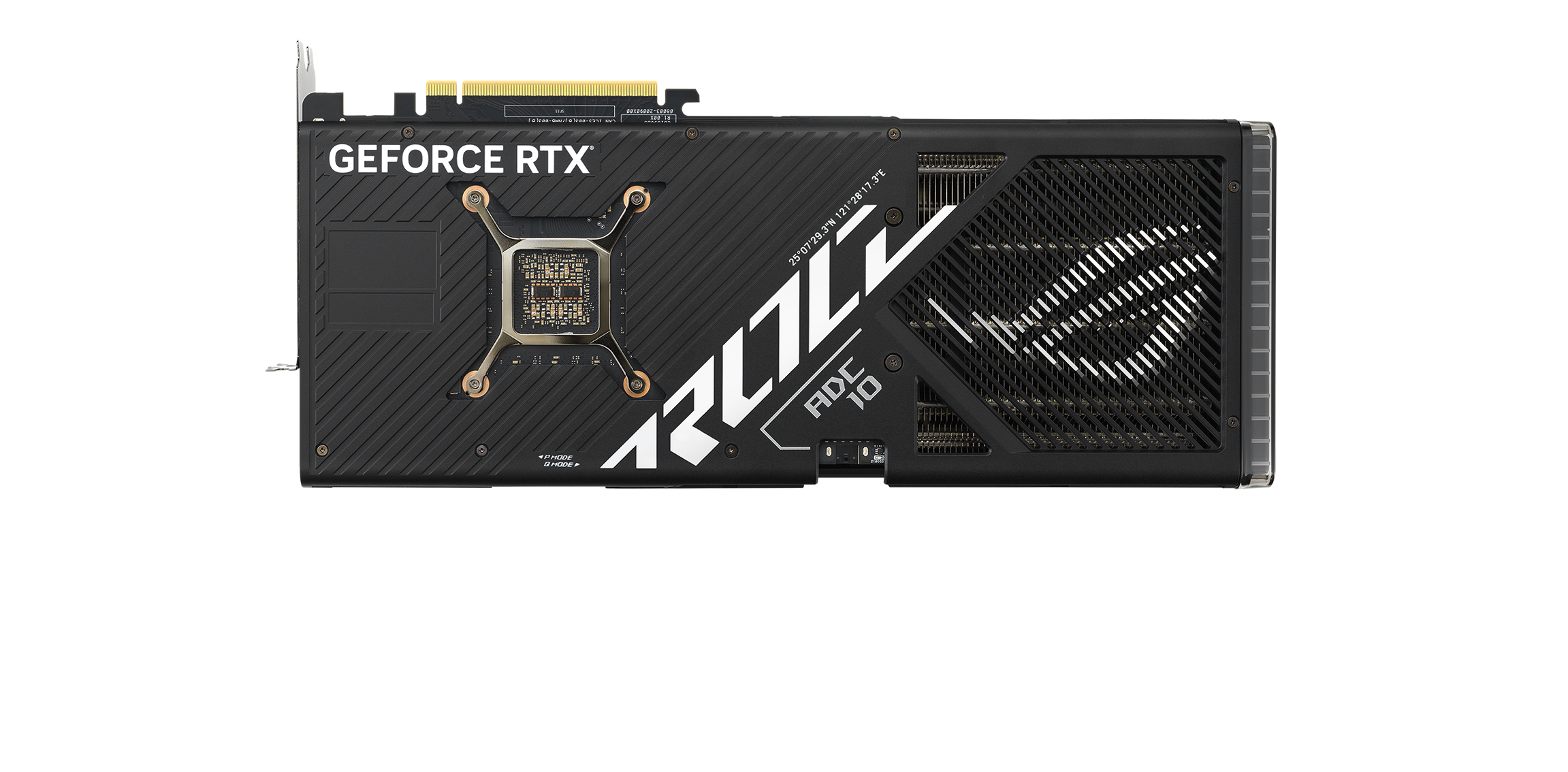 Achteraanzicht van de ROG Strix GeForce RTX 4080 videokaart.