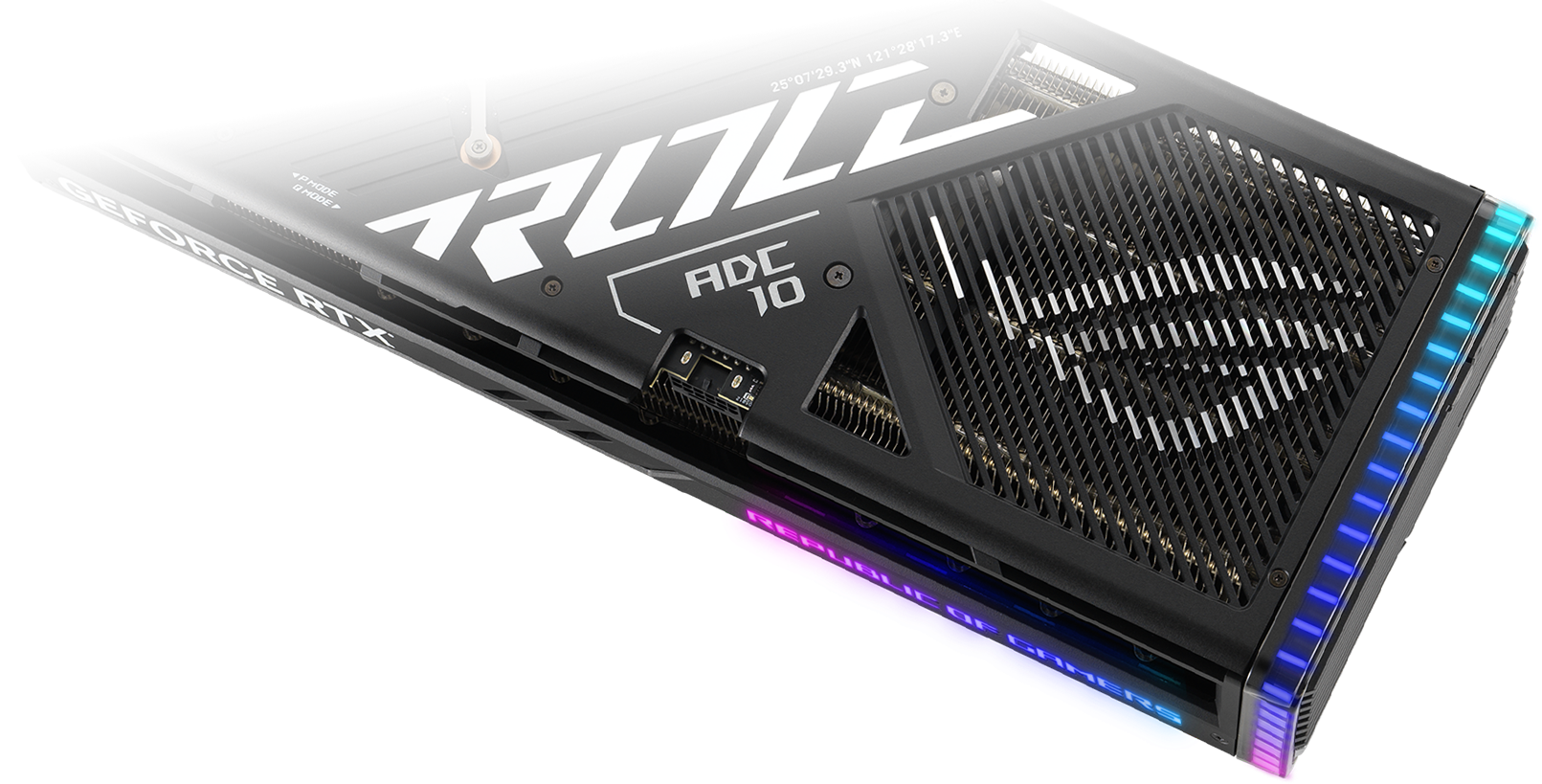 A ROG Strix GeForce RTX 4080 grafikus kártya hátulról nézve.