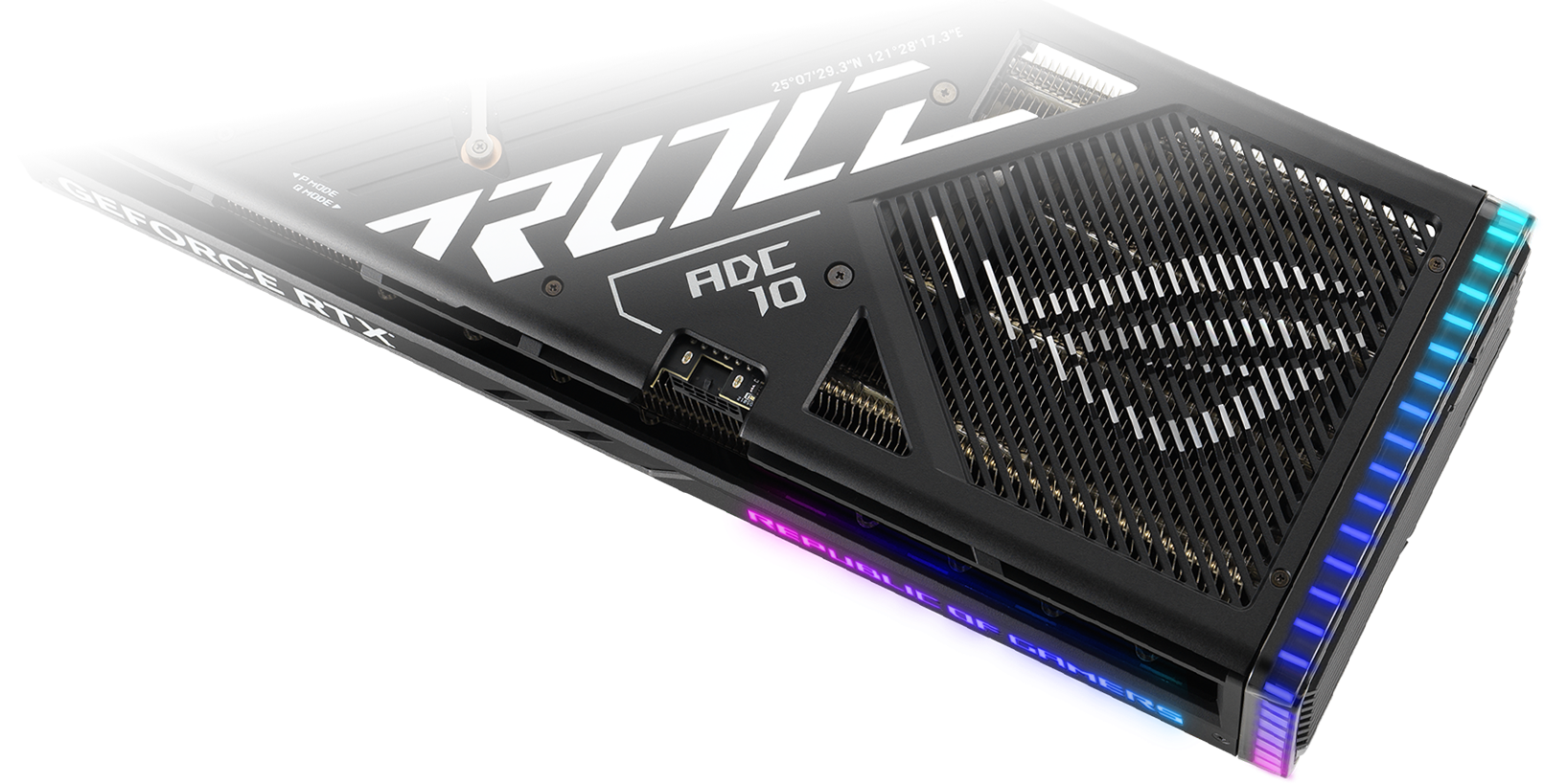 Achteraanzicht van de ROG Strix GeForce RTX 4080 videokaart.