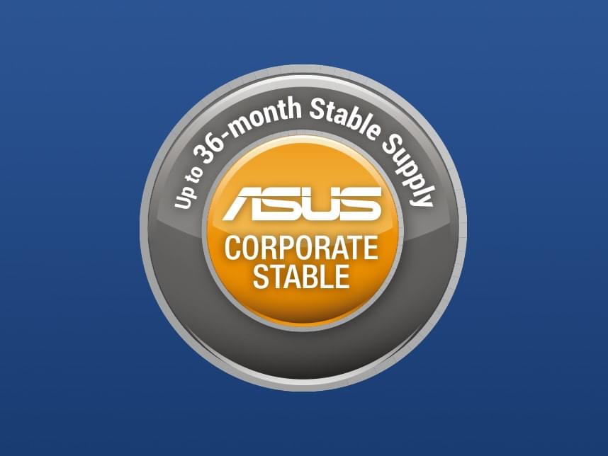 ASUS Corporate Stable 標誌，於藍色背景呈現「Up to 36-month Stable Supply」(長達 36 個月的穩定供應) 環形字樣設計。