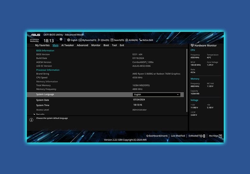 UEFI BIOS 進階模式使用者介面。