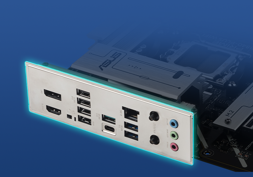 Graphic depicting the PRIME B840-PLUS WIFI-CSM pre-mounted I/O Shield.