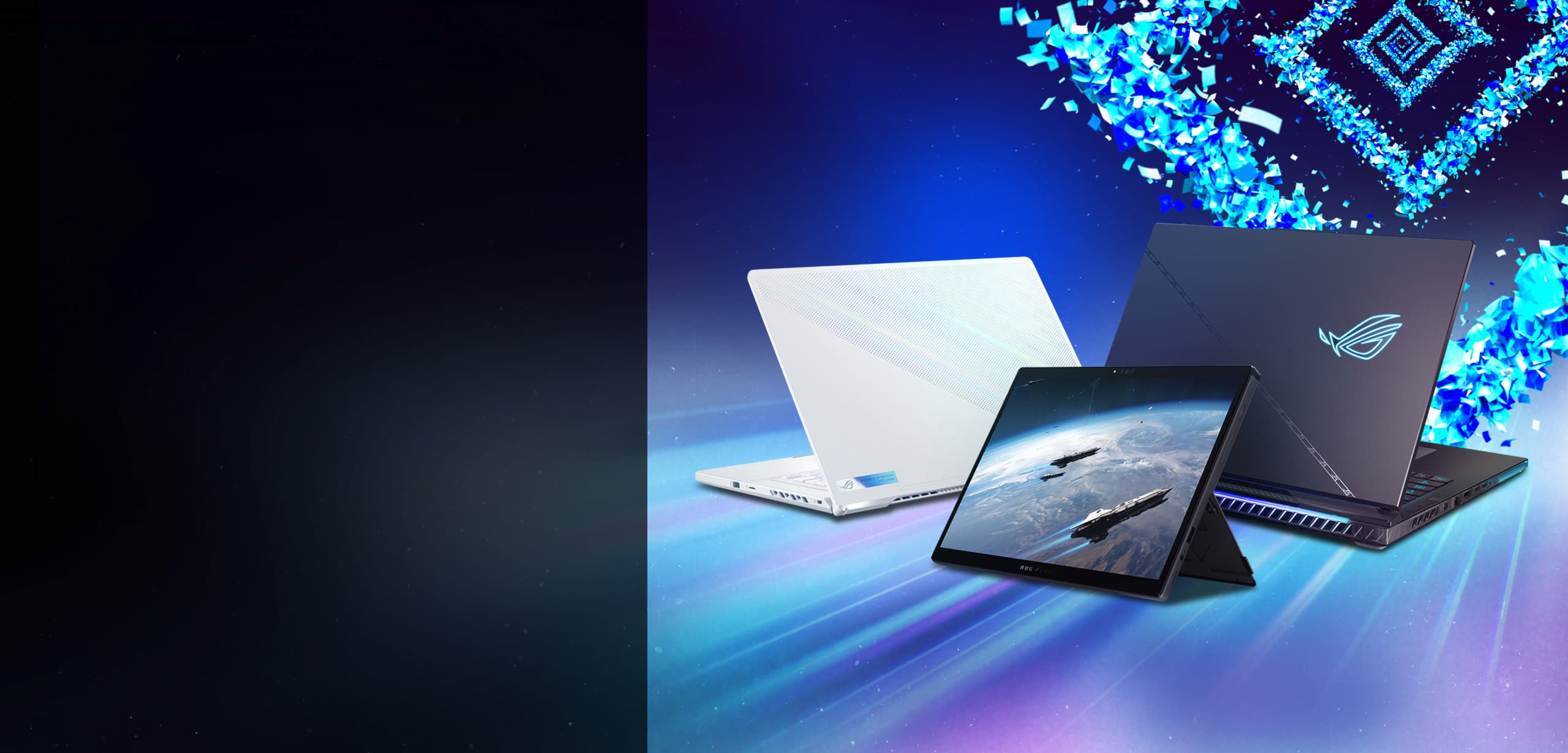 Three ROG laptops (Zephyrus G16, Flow Z13, and Strix SCAR 18) on a blue and purple background with the Intel confetti portal, and the Intel Core i9 processor badge and tagline.
