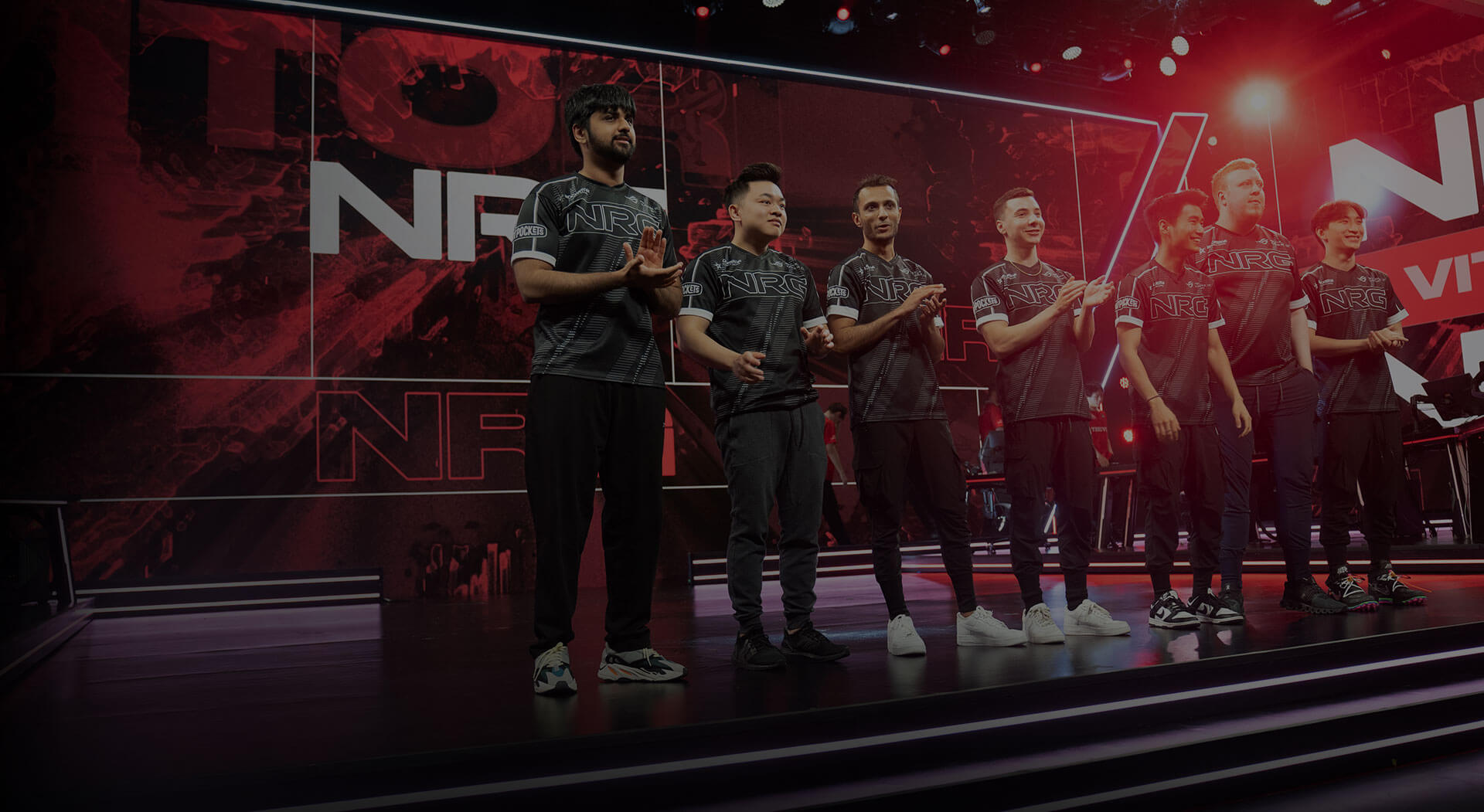 NRG Valorant Team on a stage, having just won a game. ROG is the official peripherals sponsor for NRG Esports
