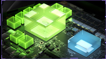 A close-up render of a laptop motherboard with the GPU and its surrounding components glowing in green, with the NVIDIA logo visible.