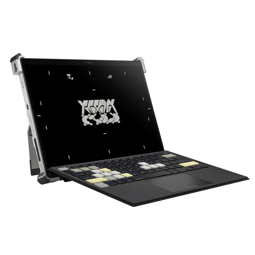 Off-center front view of the Z13-ACRNM RMT02 with the keyboard attached and wallpaper visible on screen.