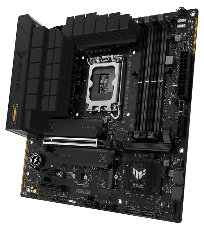 TUF Gaming motherboard front view, 60 degrees, with Aura lighting