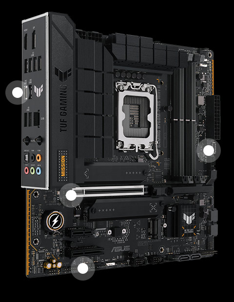 TUF Gaming motherboard front view, 60 degrees, with I/O ports