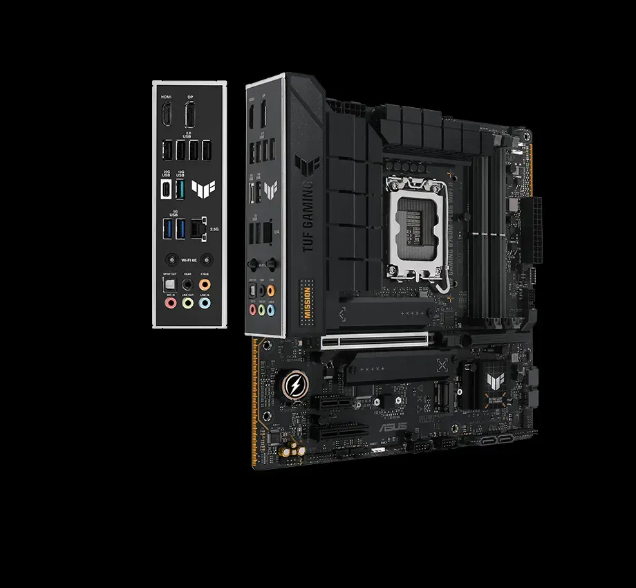 TUF Gaming motherboard front view, with Aura lighting
