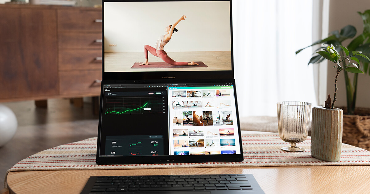 Zenbook DUO is placed at the center of the image. A yoga tutorial is displayed on the upper screen while split screens are shown on the lower screen. On the lower screen you can see the stock market on the left and an open browser on the right.