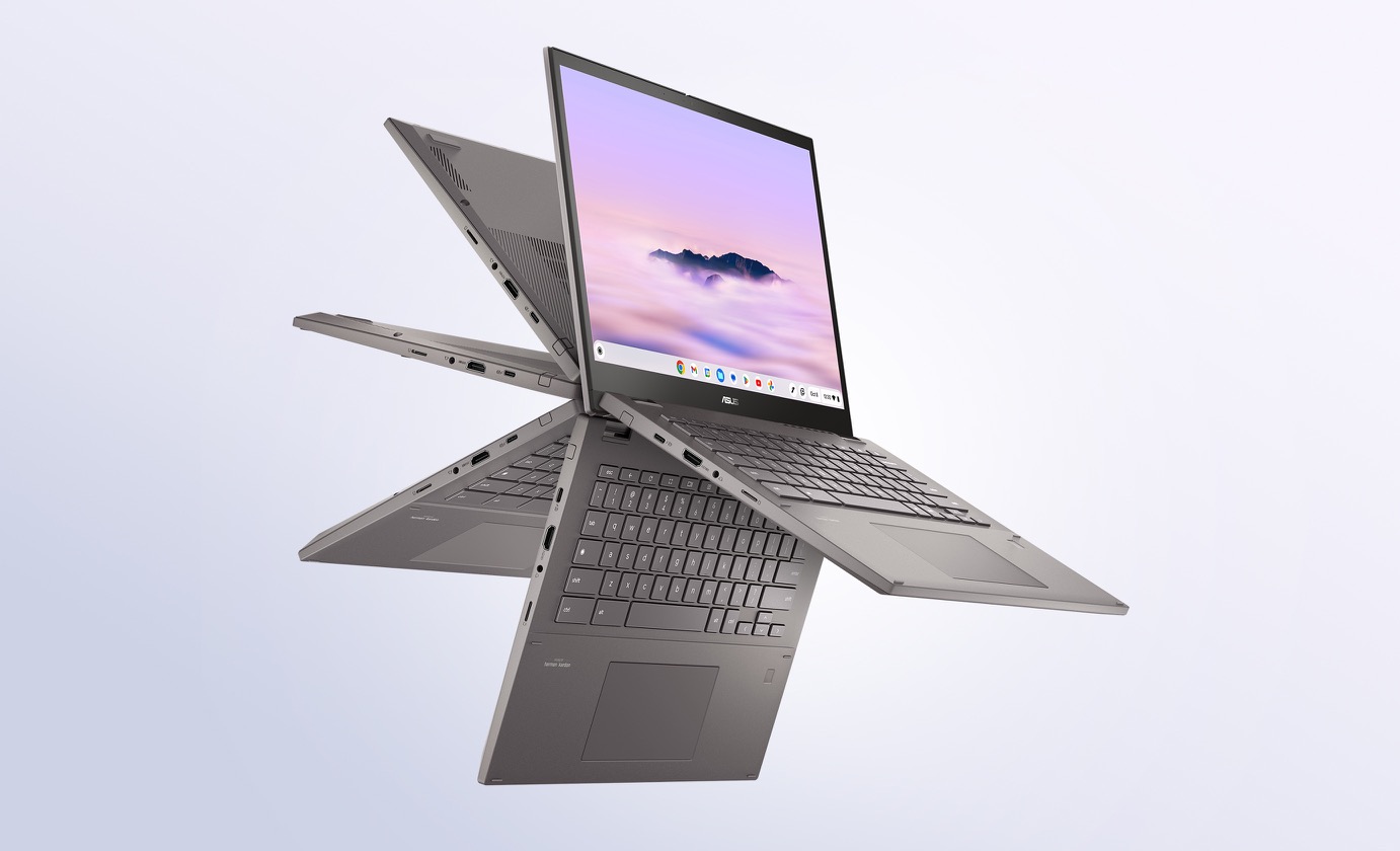 An angled front illustrated view of an ASUS Chromebook Plus CM34 Flip showing the keyboard at five different angles. 