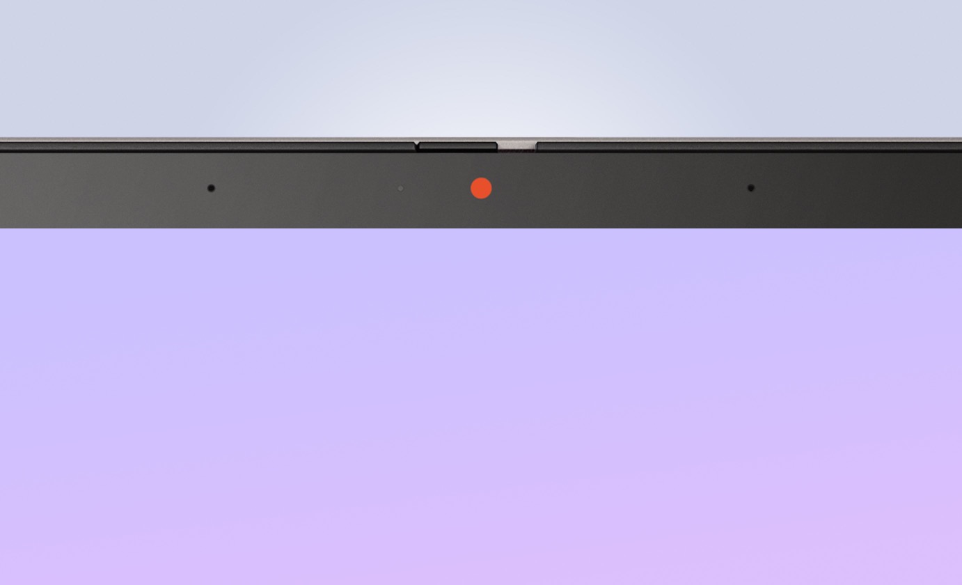 A close-up front view of an ASUS Chromebook Plus CM34 Flip’s webcam with orange physical shutter above it. 