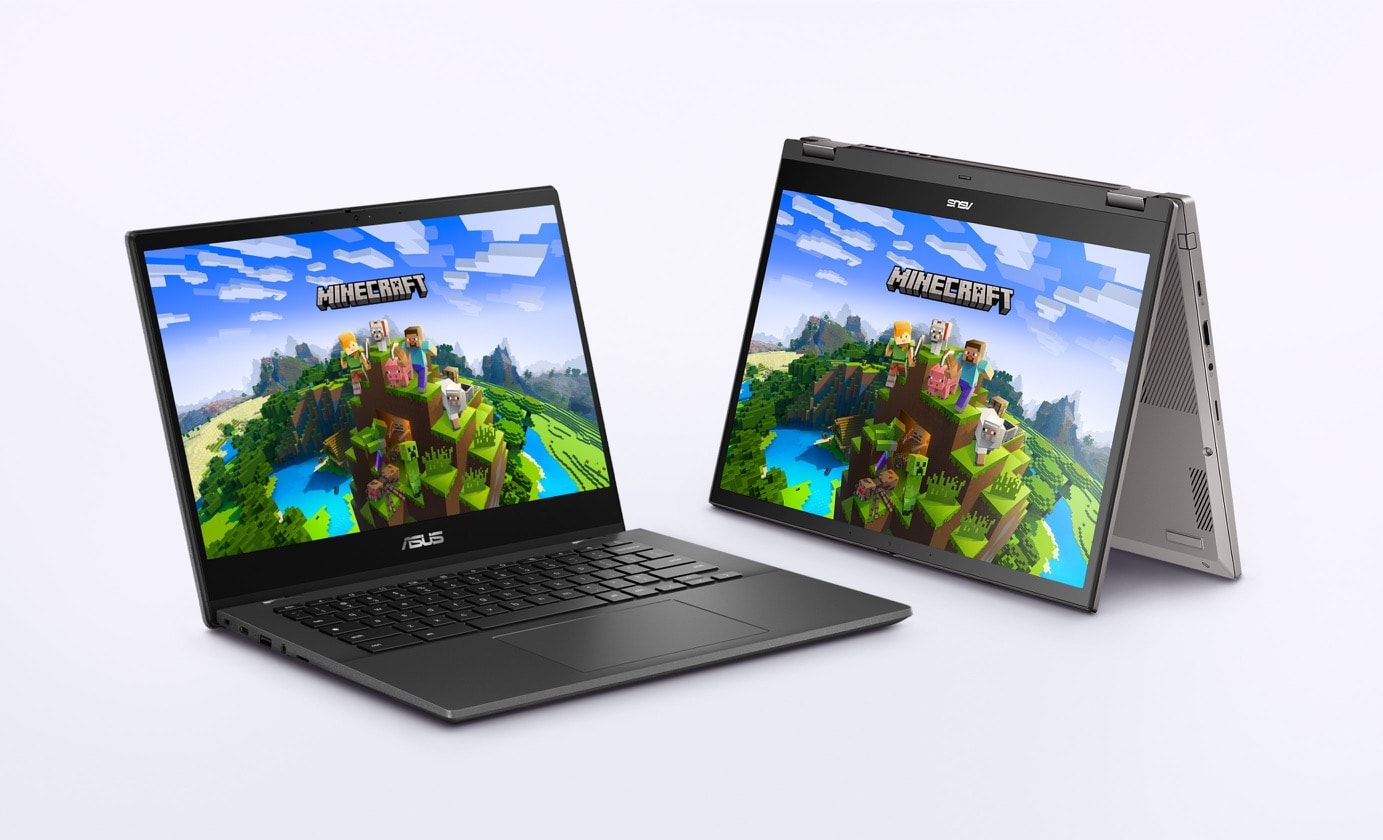 ASUS Chromebook Plus CM34 Flip and ASUS Chromebook CM14 in tent and clampshell mode with Minecraft inscreen in both. 