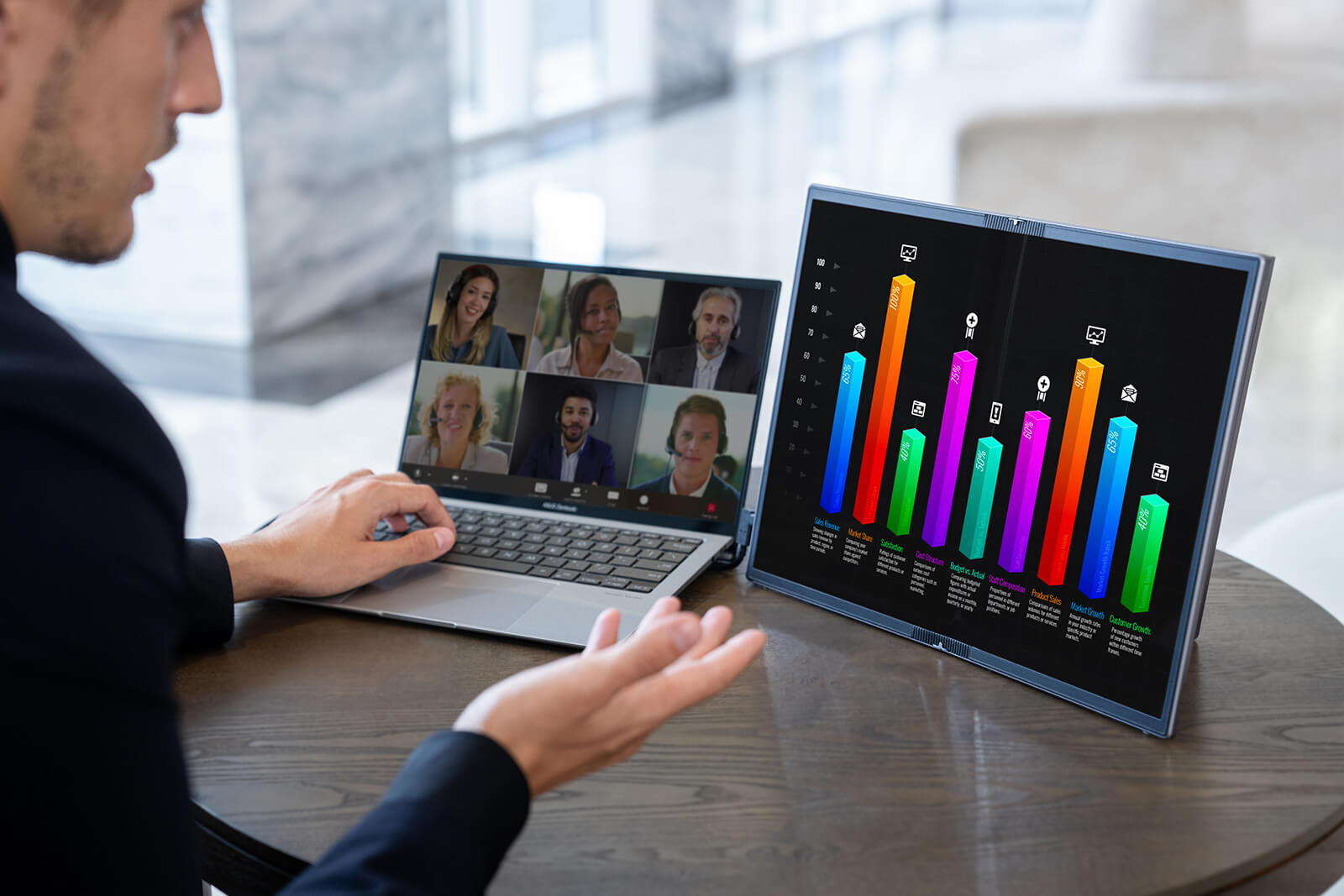 A young businessman has online meeting outside, connecting his phone to the MQ17QH portable monitor in landscape mode for getting more chart details