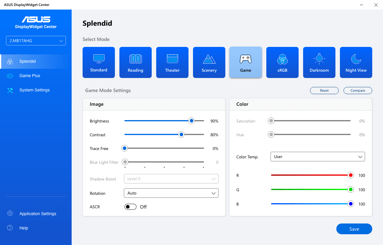 The control dashboard of the ASUS DisplayWidget Center app tool